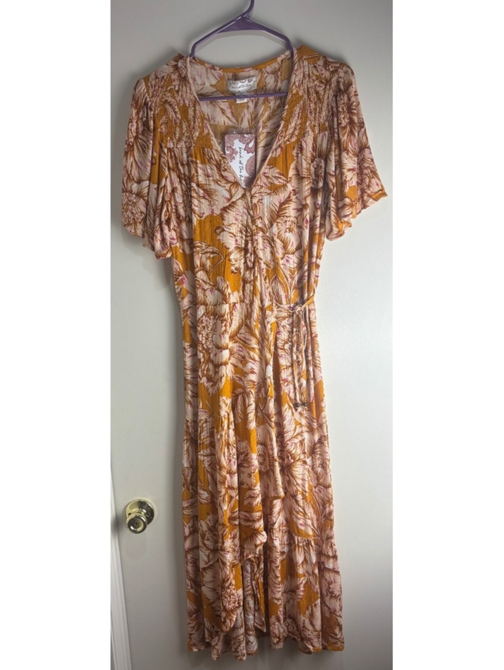 NWT Band of the Free Floral Midi Dress Medium Gold Boho Tie Waist Ruffle